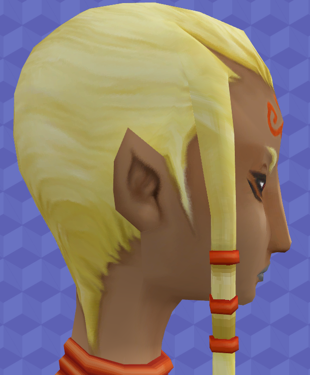 Side view. Close-up on her long lock of hair.